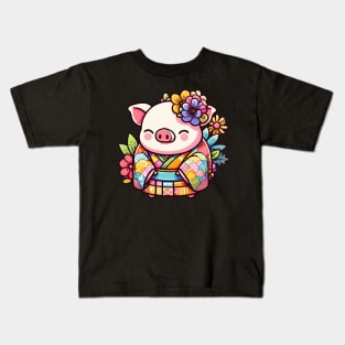 Japanese pig Otaku Floral Kids T-Shirt